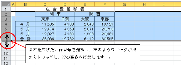 Ｅｘｃｅｌ　行の高さ　列の幅　広く　狭く