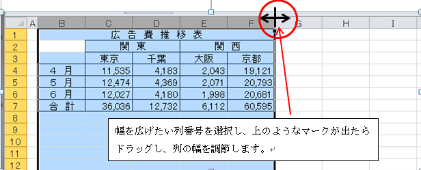 Ｅｘｃｅｌ　行の高さ　列の幅　広く　狭く