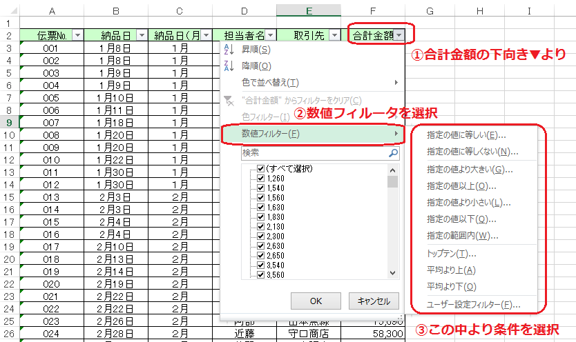 図２：Excel,ﾌｨﾙﾀｰ,抽出,条件