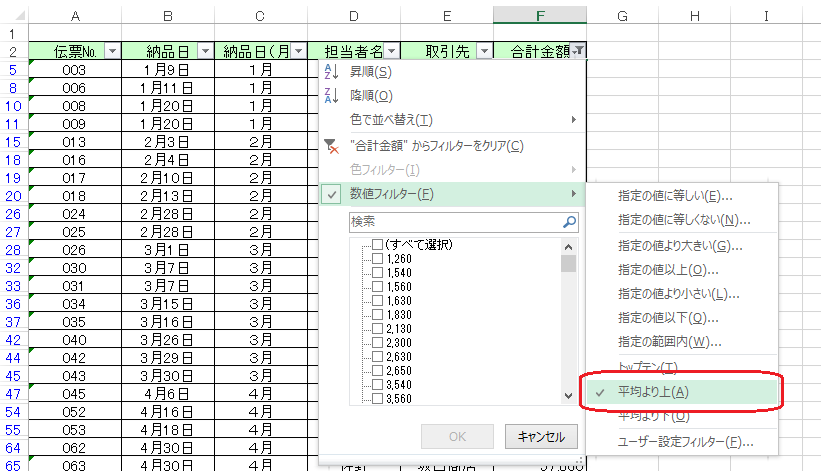 図５：Excel,ﾌｨﾙﾀｰ,平均以上,抽出