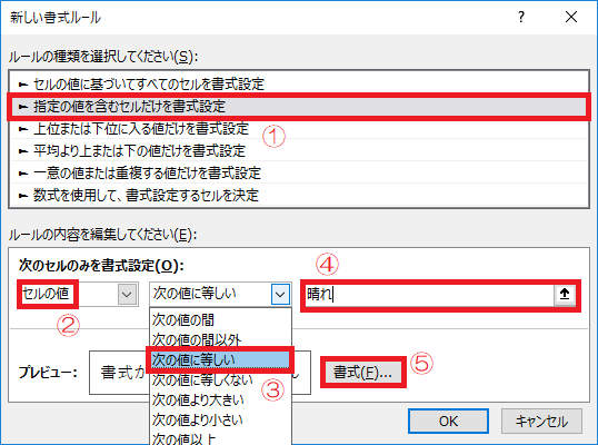 EXCELで条件付き書式の利用-新しい書式ルール画面で指定の値を含むセルだけを書式設定・セルの値・次の値に等しい・晴れ・書式をクリックしている図