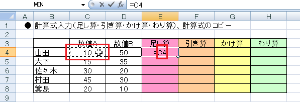 エクセルで計算式を入力する-セルC4をクリックするとE4のセルにC4と表示される図