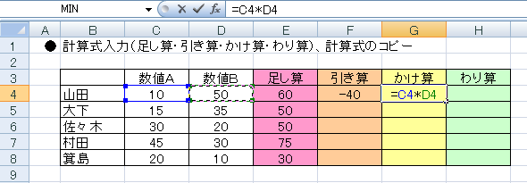 エクセルで計算式を入力する-G4の入力欄に=C4*D4と入力された図