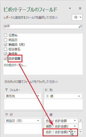 ピボットテーブルで個数や平均を追加する-合計金額を値にドラッグし合計/合計金額2が表示された図