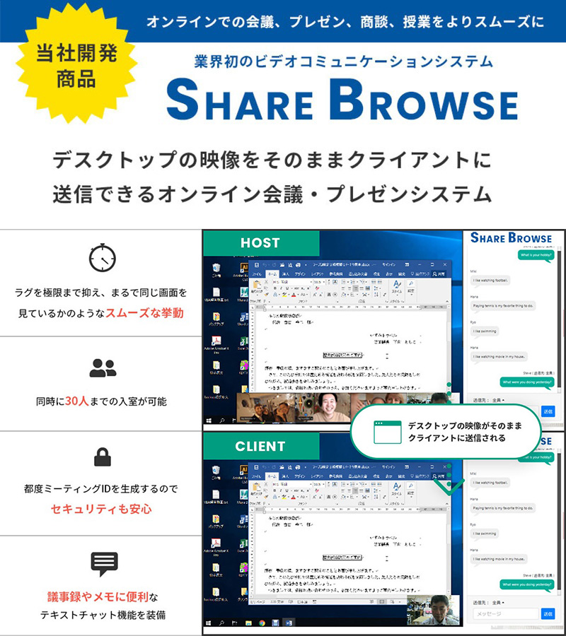 オンライン会議、オンラインプレゼン、オンライン商談、オンライン授業に特化したビデオコミュニケーションシステムSHARE BROWSE